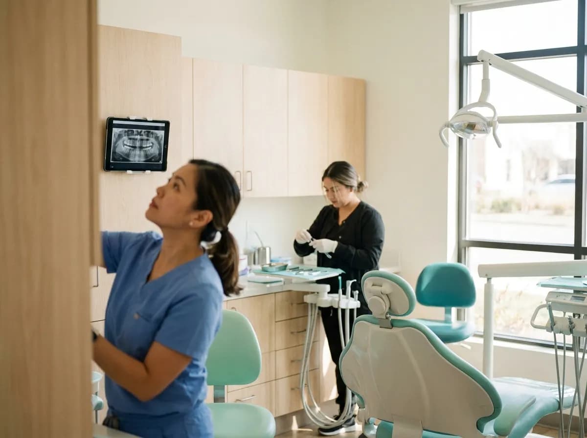 A dentist reviewing a treatment plan on a wall-mounted screen while an assistant prepares instruments in the operatory behind her